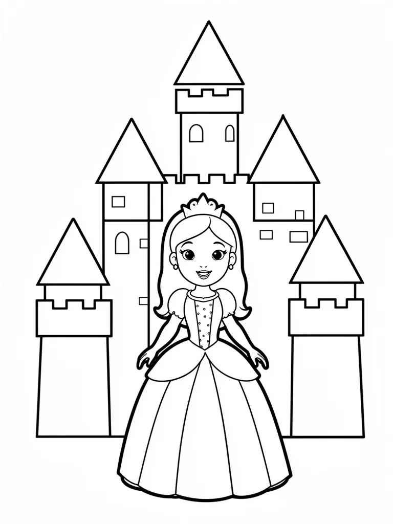 Coloriage Princesse devant un château pour maternelle – coloriage à imprimer gratuit