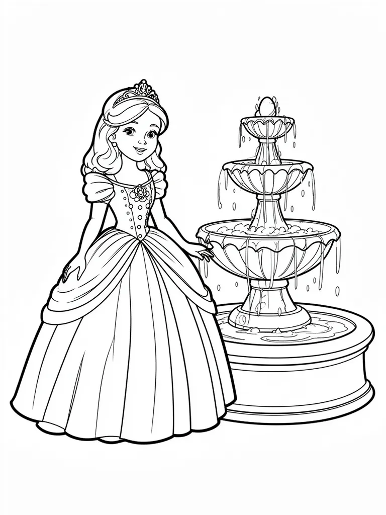 Coloriage Princesse devant une fontaine détaillé à imprimer