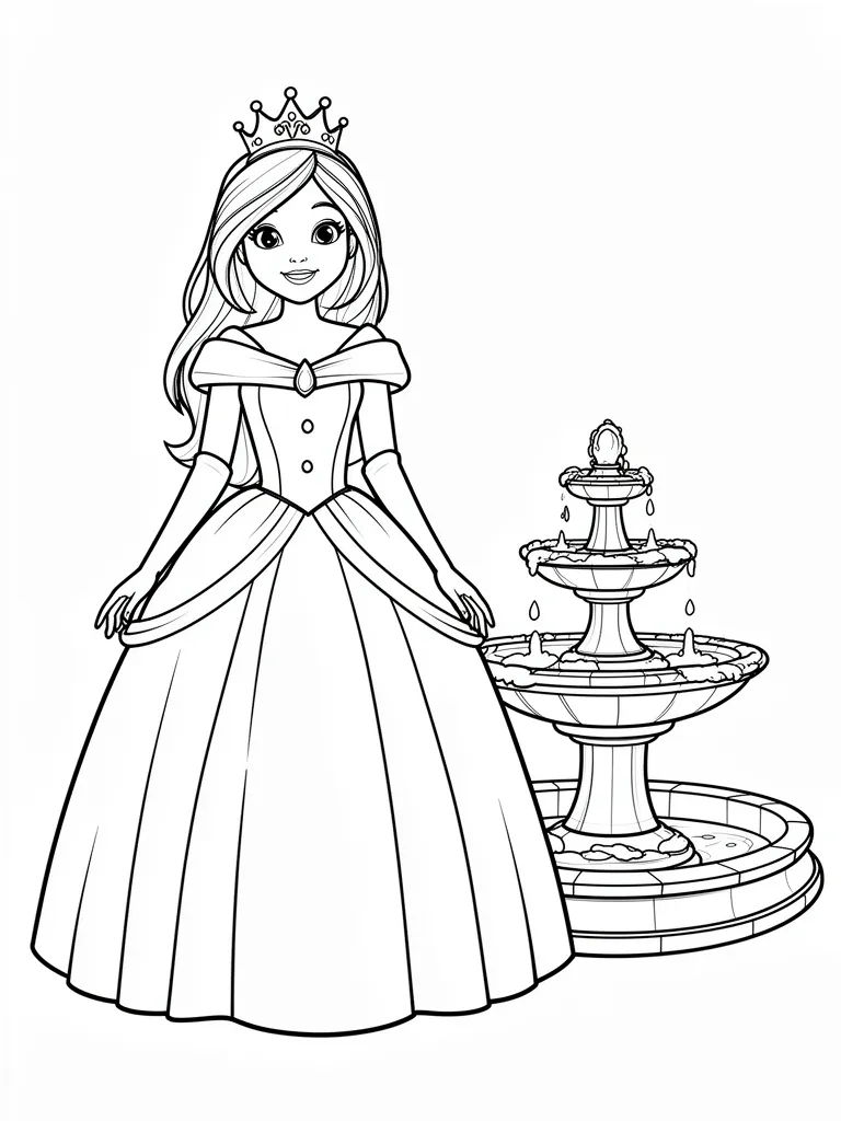 Coloriage Princesse devant une fontaine – coloriage à imprimer gratuit