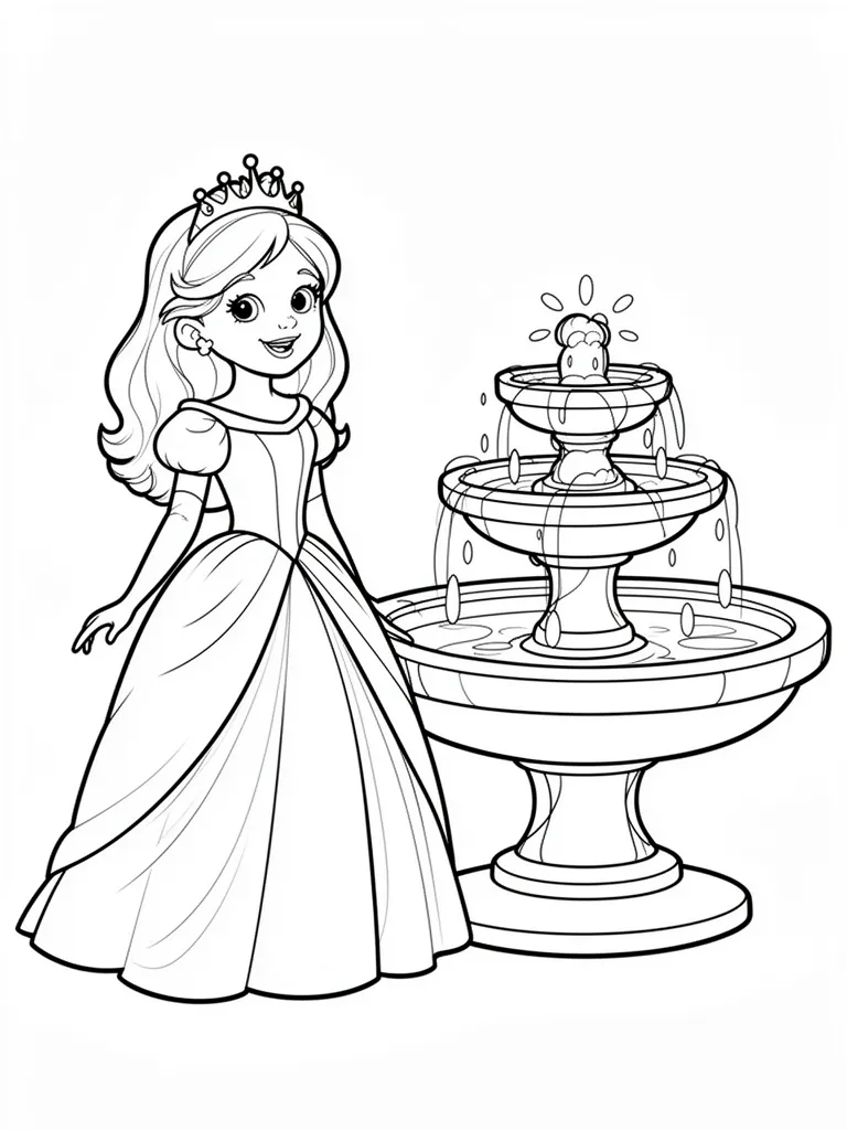 Coloriage Princesse devant une fontaine facile à imprimer