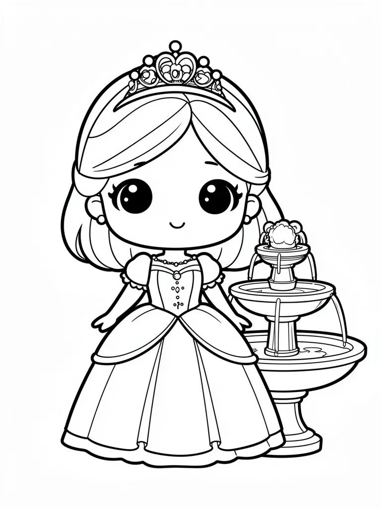 Coloriage Princesse devant une fontaine kawaii à imprimer