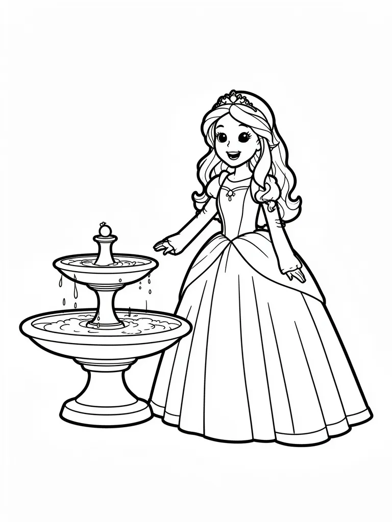Coloriage Princesse devant une fontaine pour maternelle à imprimer