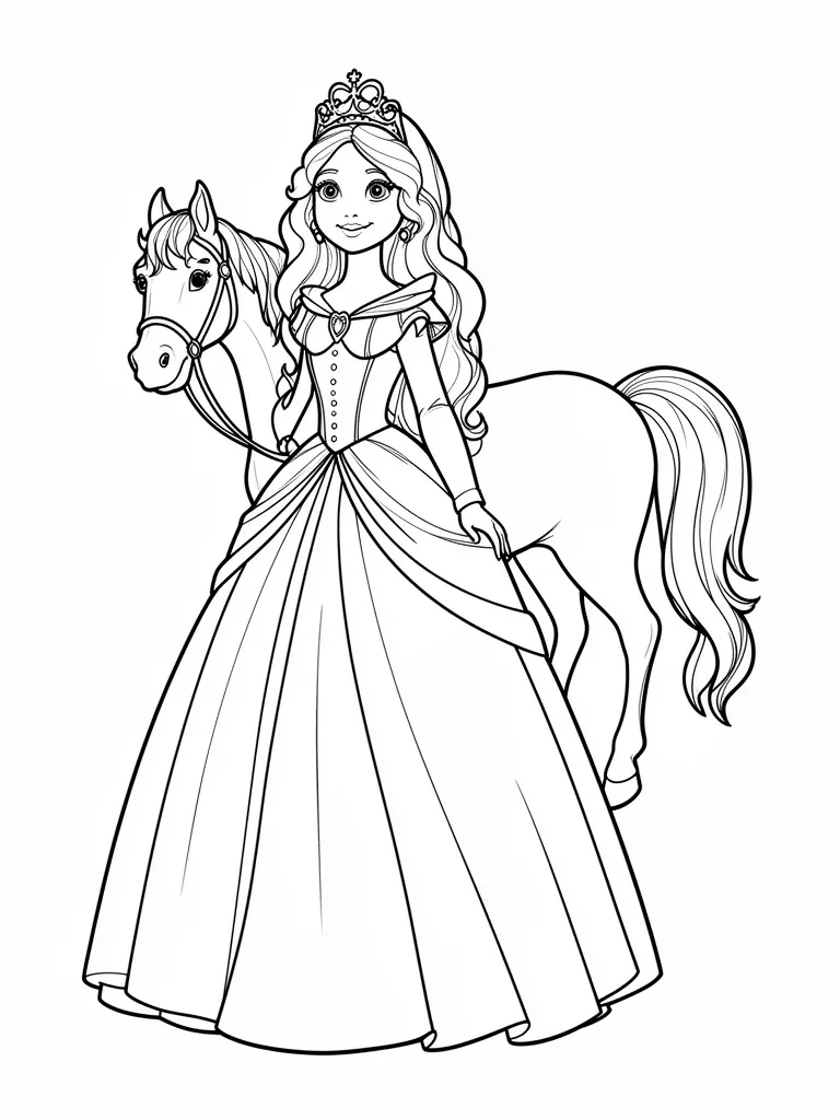 Coloriage Princesse et un cheval blanc détaillé à imprimer