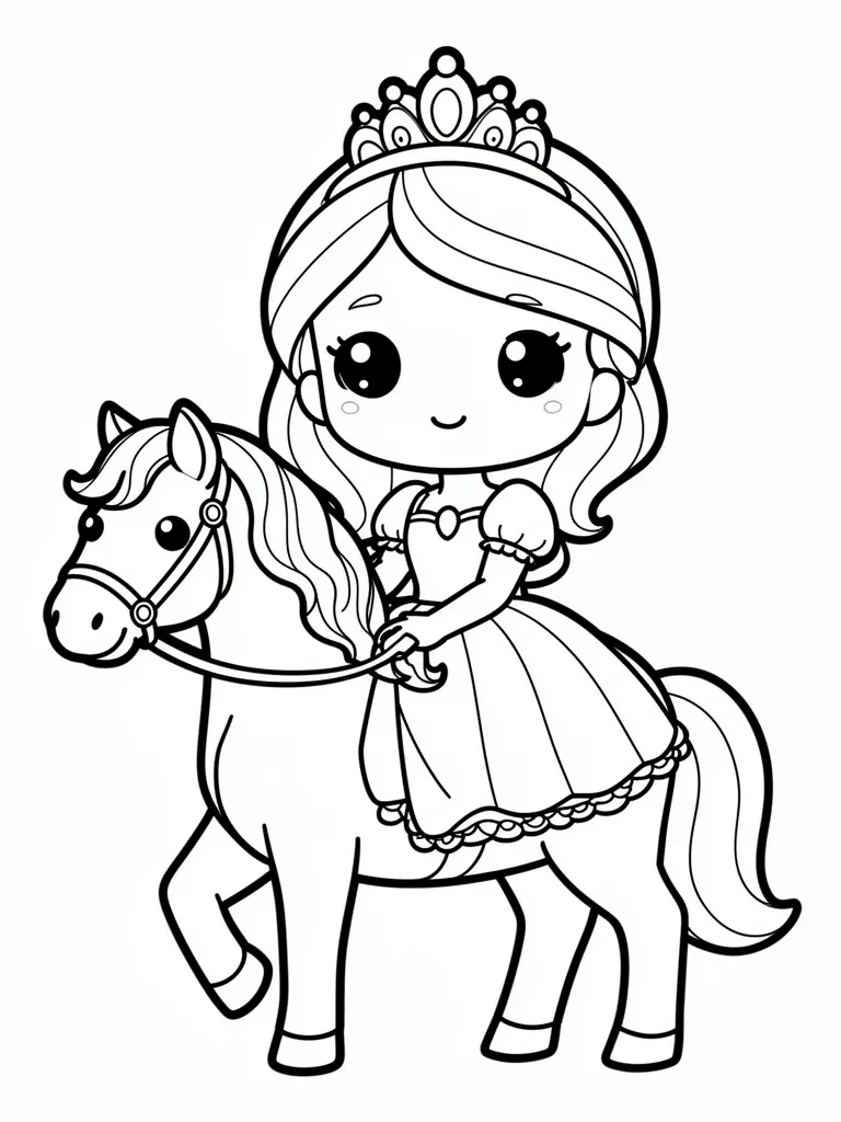 Coloriage Princesse et un cheval blanc kawaii à imprimer