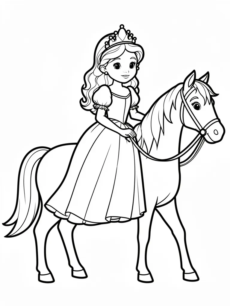 Coloriage Princesse et un cheval blanc pour maternelle à imprimer