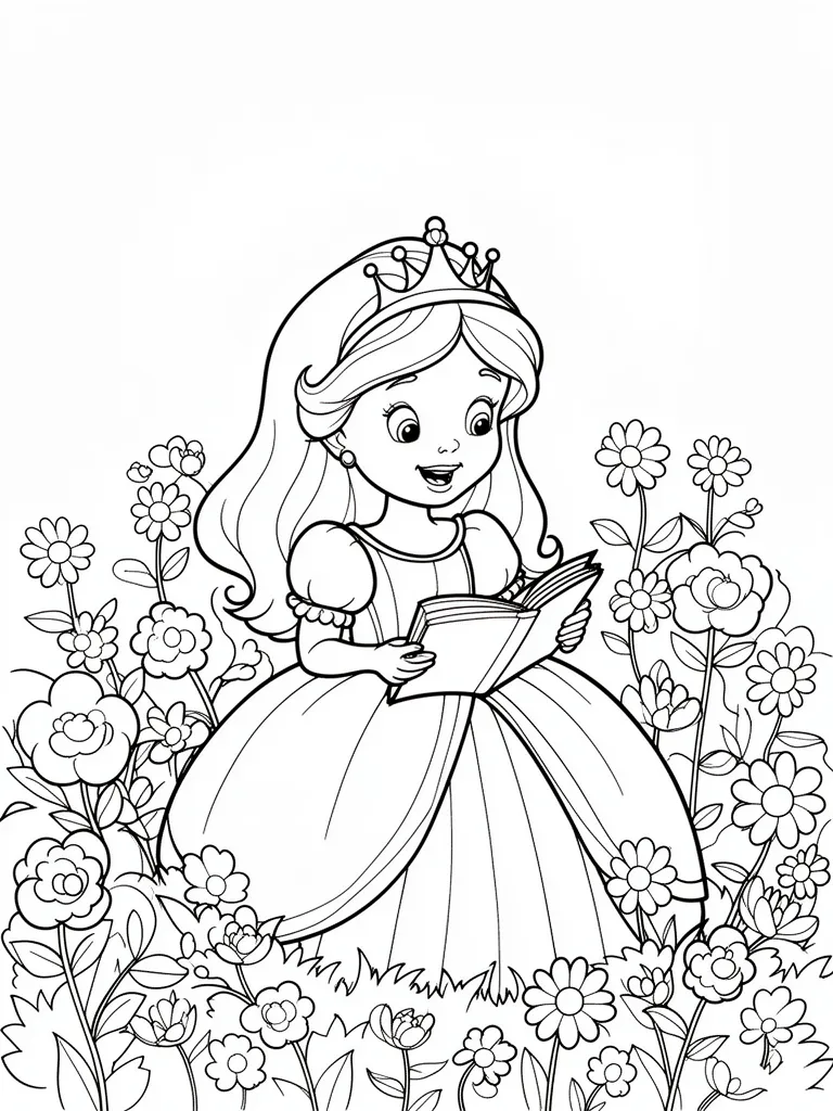 Coloriage Princesse qui lit dans un jardin à imprimer