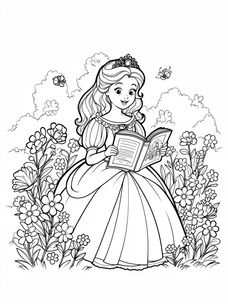 Coloriage Princesse qui lit dans un jardin détaillé à imprimer