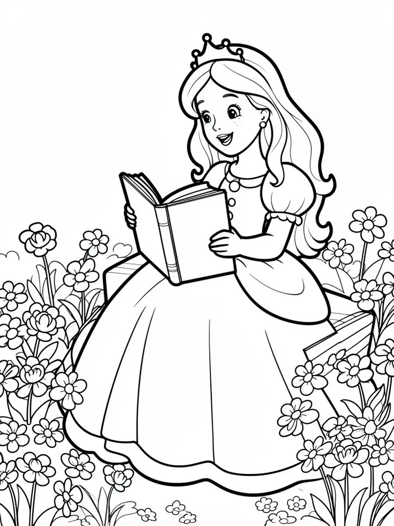 Coloriage Princesse qui lit dans un jardin facile à imprimer