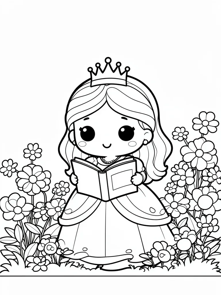 Coloriage Princesse qui lit dans un jardin kawaii à imprimer