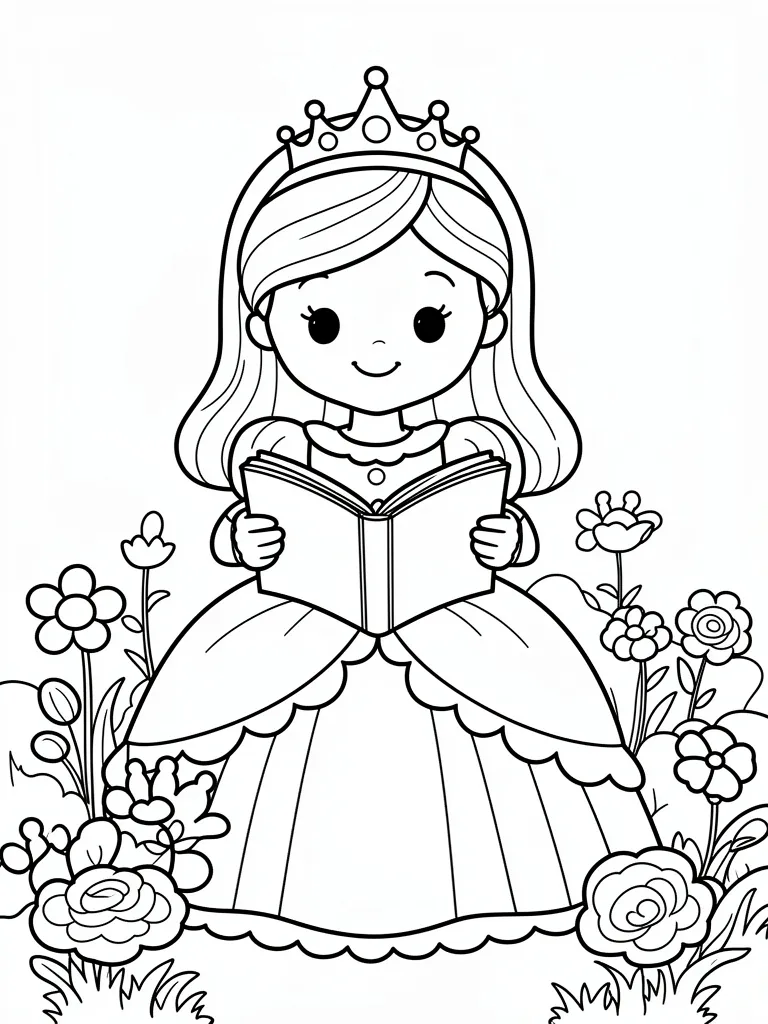 Coloriage Princesse qui lit dans un jardin pour maternelle à imprimer