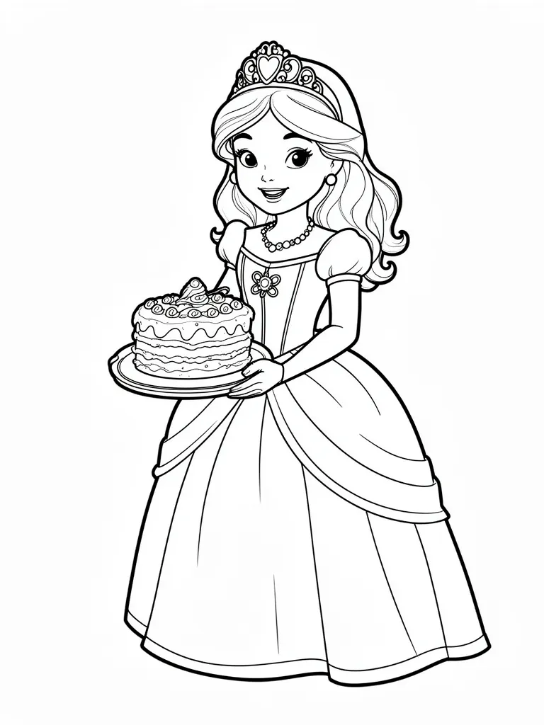 Coloriage Princesse qui prépare un gâteau détaillé à imprimer