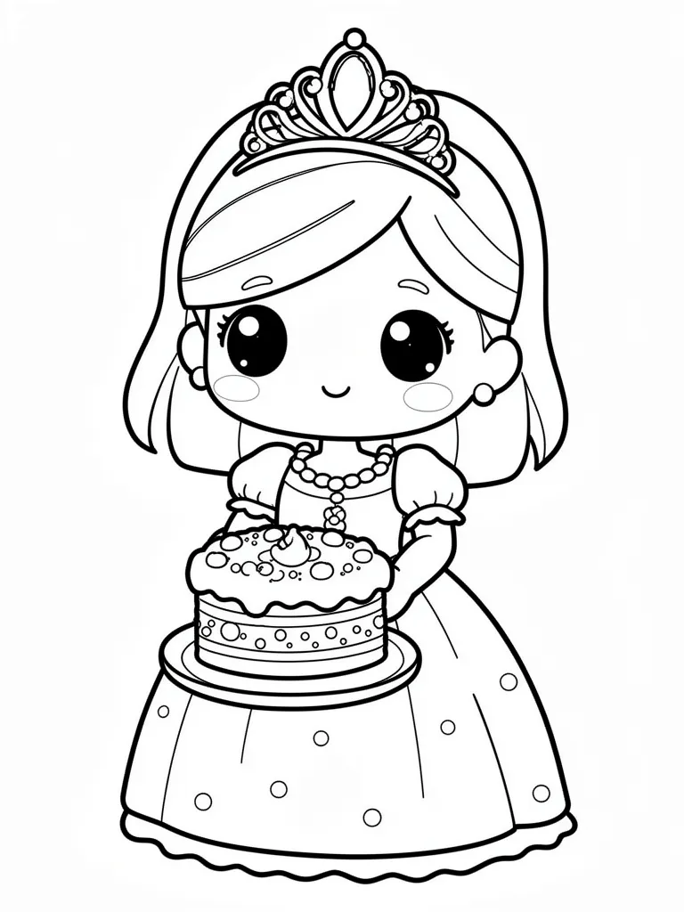 Coloriage Princesse qui prépare un gâteau kawaii – coloriage à imprimer gratuit