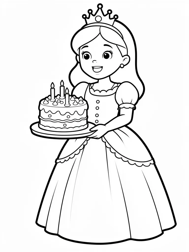 Coloriage Princesse qui prépare un gâteau pour maternelle à imprimer