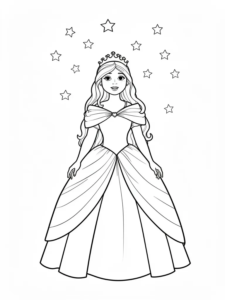 Coloriage Princesse sous une pluie d’étoiles – coloriage à imprimer gratuit