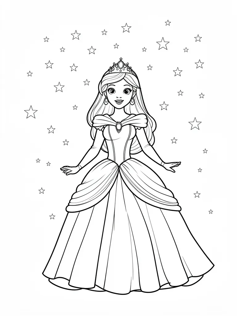 Coloriage Princesse sous une pluie d’étoiles détaillé – coloriage à imprimer gratuit