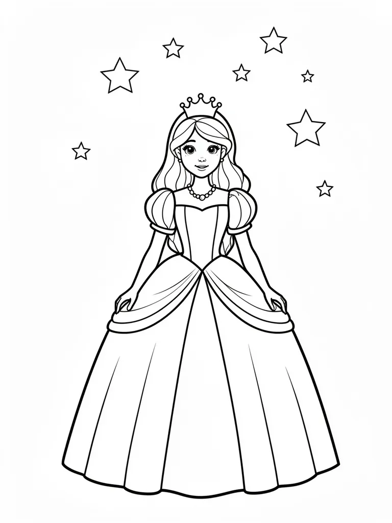Coloriage Princesse sous une pluie d’étoiles facile – coloriage à imprimer gratuit