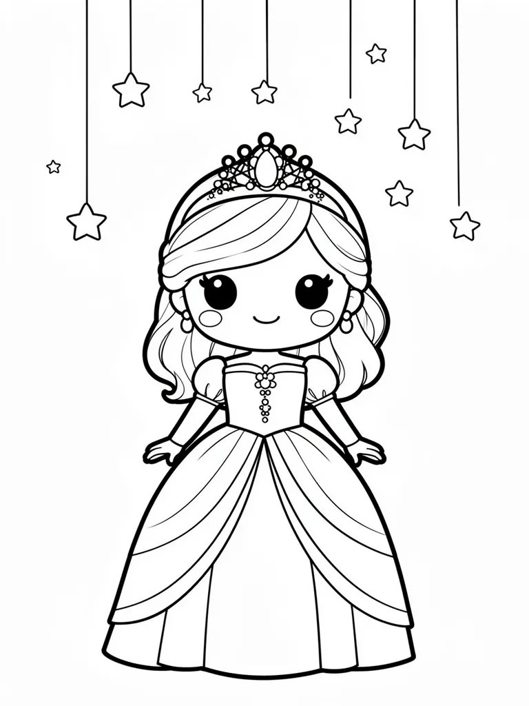 Coloriage Princesse sous une pluie d’étoiles kawaii – coloriage à imprimer gratuit