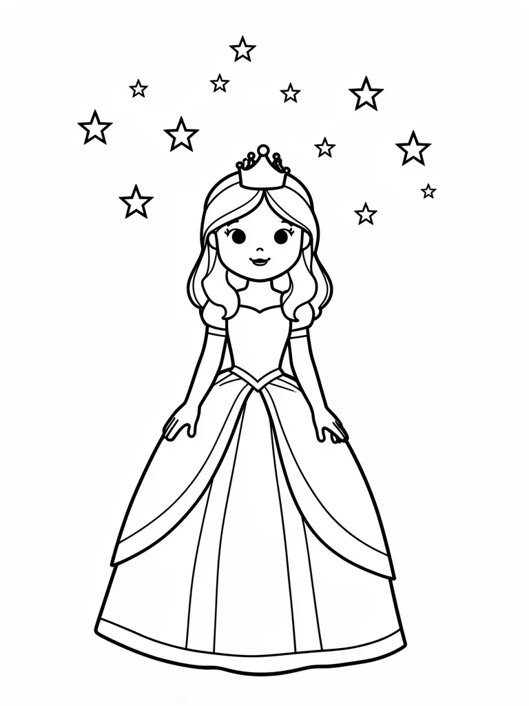 Coloriage Princesse sous une pluie d’étoiles pour maternelle – coloriage à imprimer gratuit