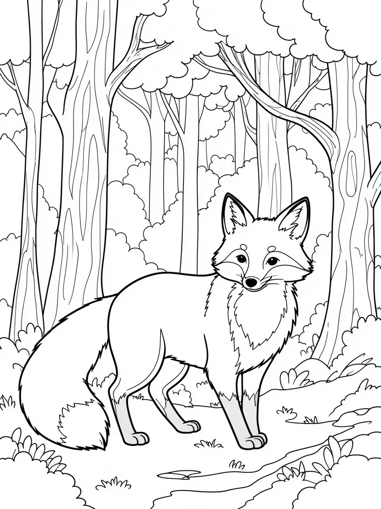 Coloriage Renard dans la forêt détaillé – coloriage à imprimer gratuit