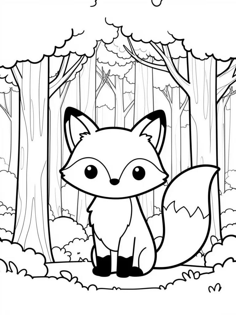 Coloriage Renard dans la forêt kawaii – coloriage à imprimer gratuit