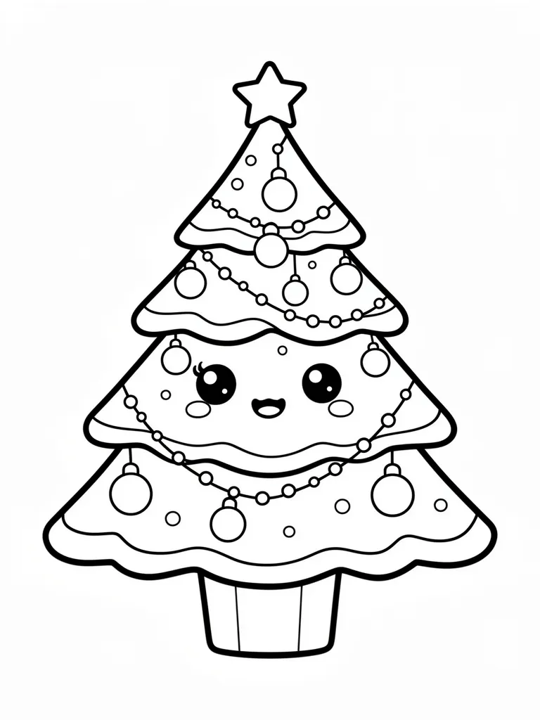 Coloriage Sapin de Noël décoré kawaii à imprimer