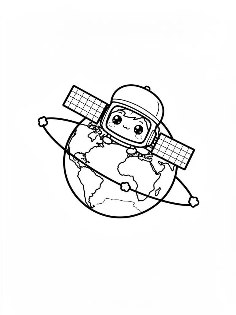 Coloriage Satellite en orbite kawaii – coloriage à imprimer gratuit