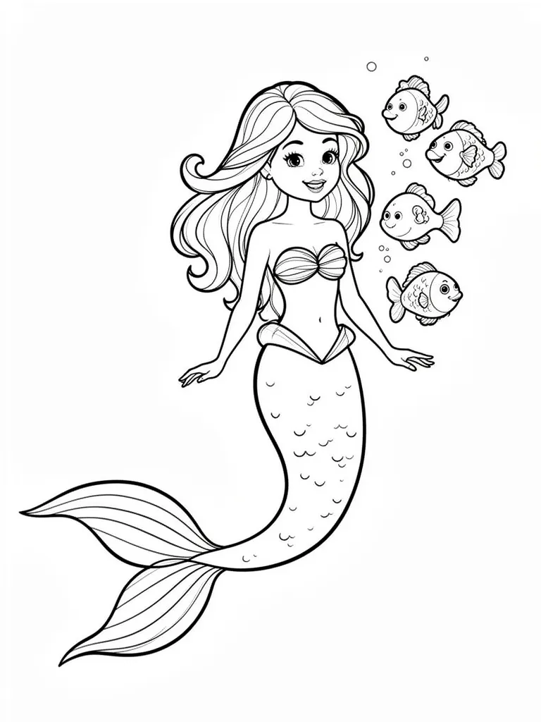 Coloriage Sirène avec des poissons amis – coloriage à imprimer gratuit