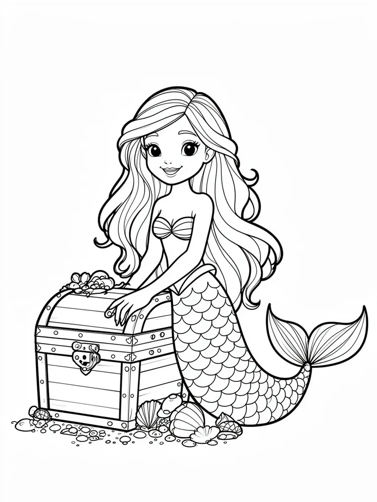 Coloriage Sirène devant un trésor – coloriage à imprimer gratuit