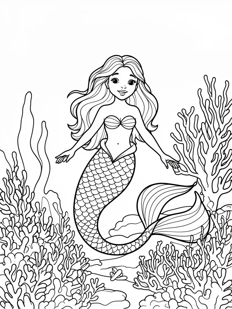 Coloriage Sirène parmi les coraux – coloriage à imprimer gratuit