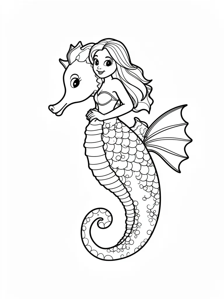 Coloriage Sirène sur un hippocampe – coloriage à imprimer gratuit