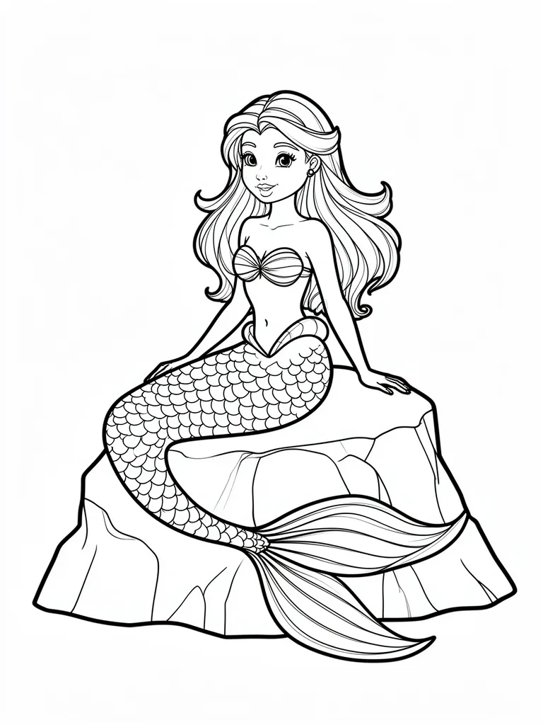 Coloriage Sirène sur un rocher détaillé à imprimer