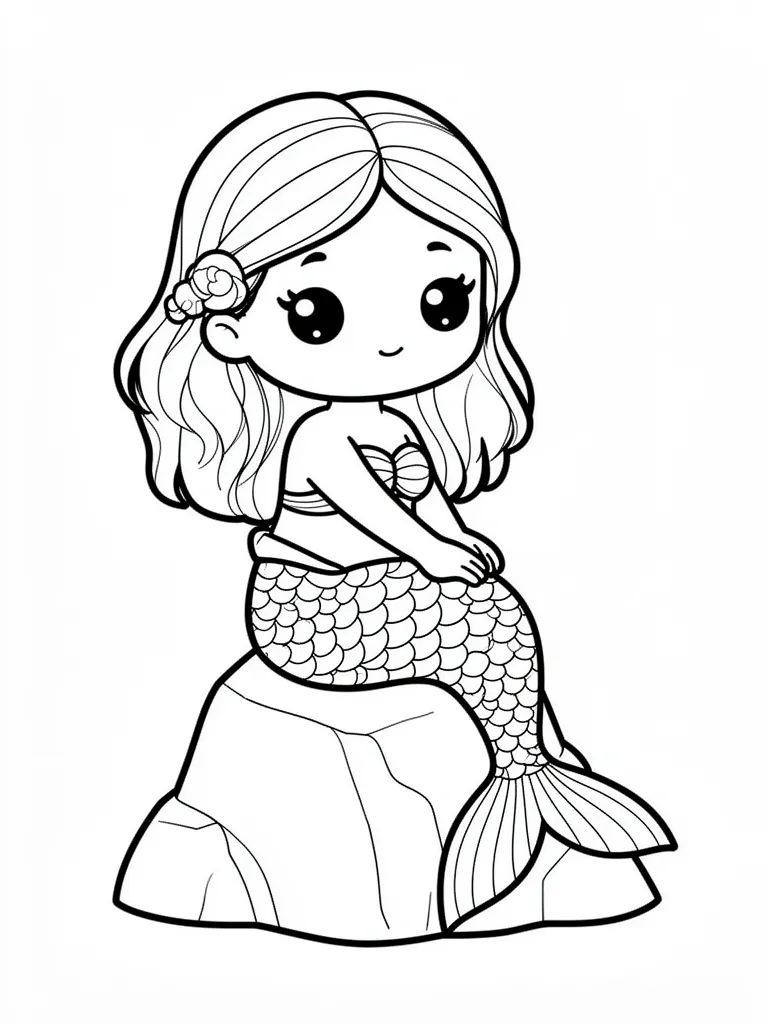 Coloriage Sirène sur un rocher kawaii à imprimer