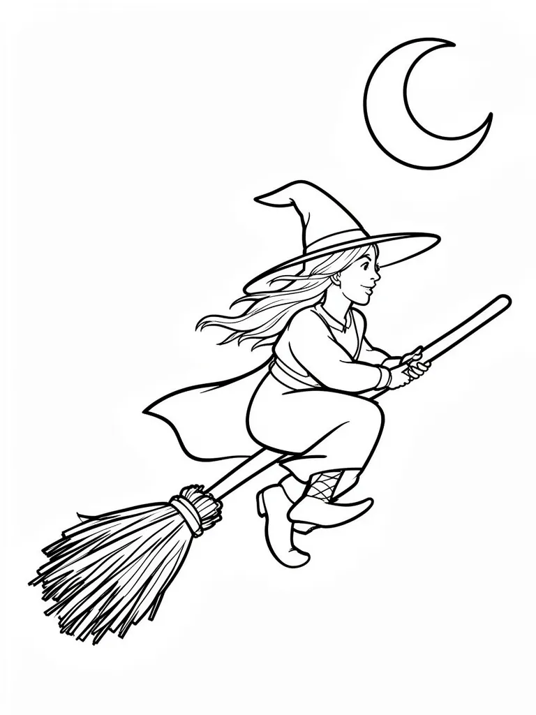 Coloriage Sorcière sur son balai à imprimer