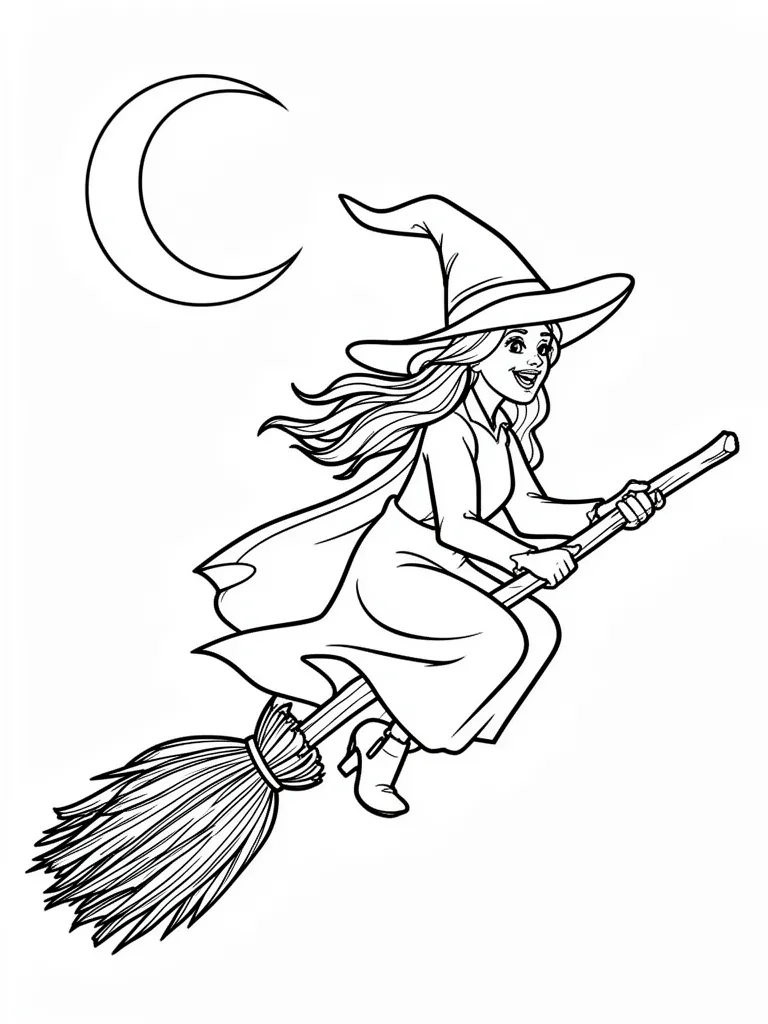 Coloriage Sorcière sur son balai détaillé à imprimer
