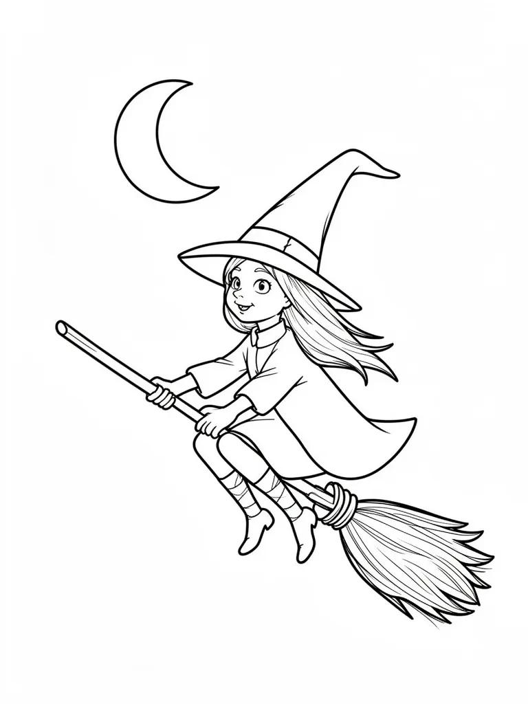 Coloriage Sorcière sur son balai facile à imprimer