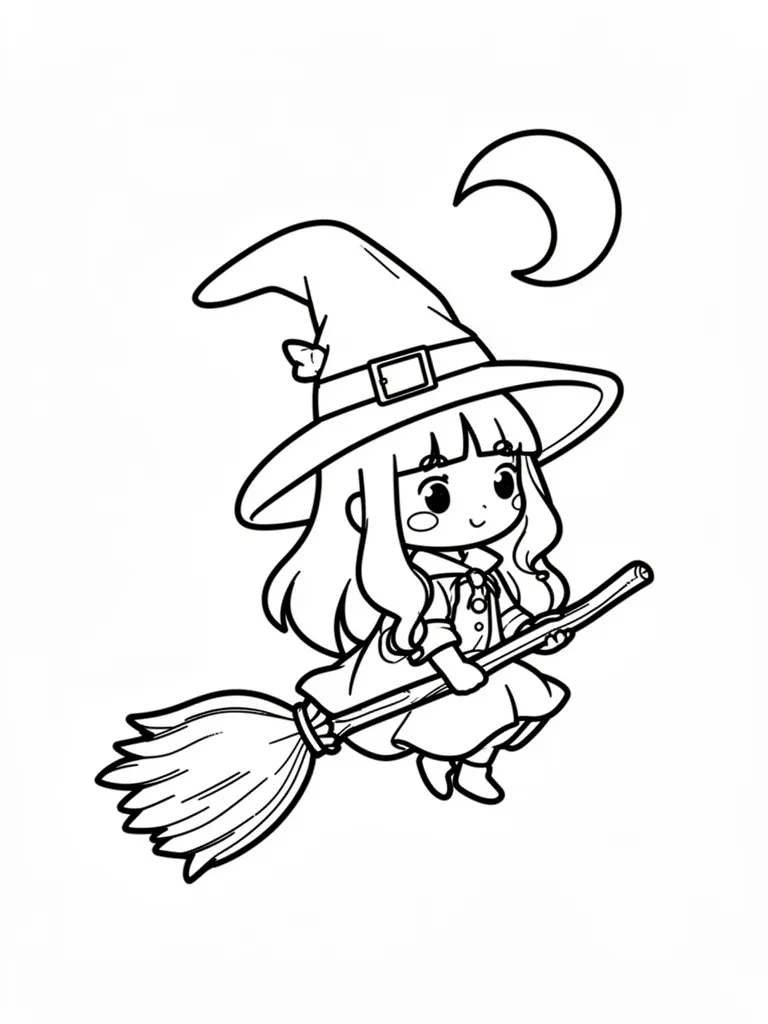 Coloriage Sorcière sur son balai kawaii à imprimer