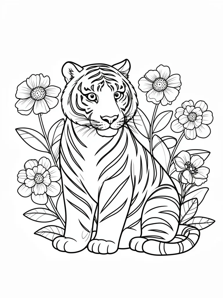 Coloriage Tigre avec des fleurs – coloriage à imprimer gratuit