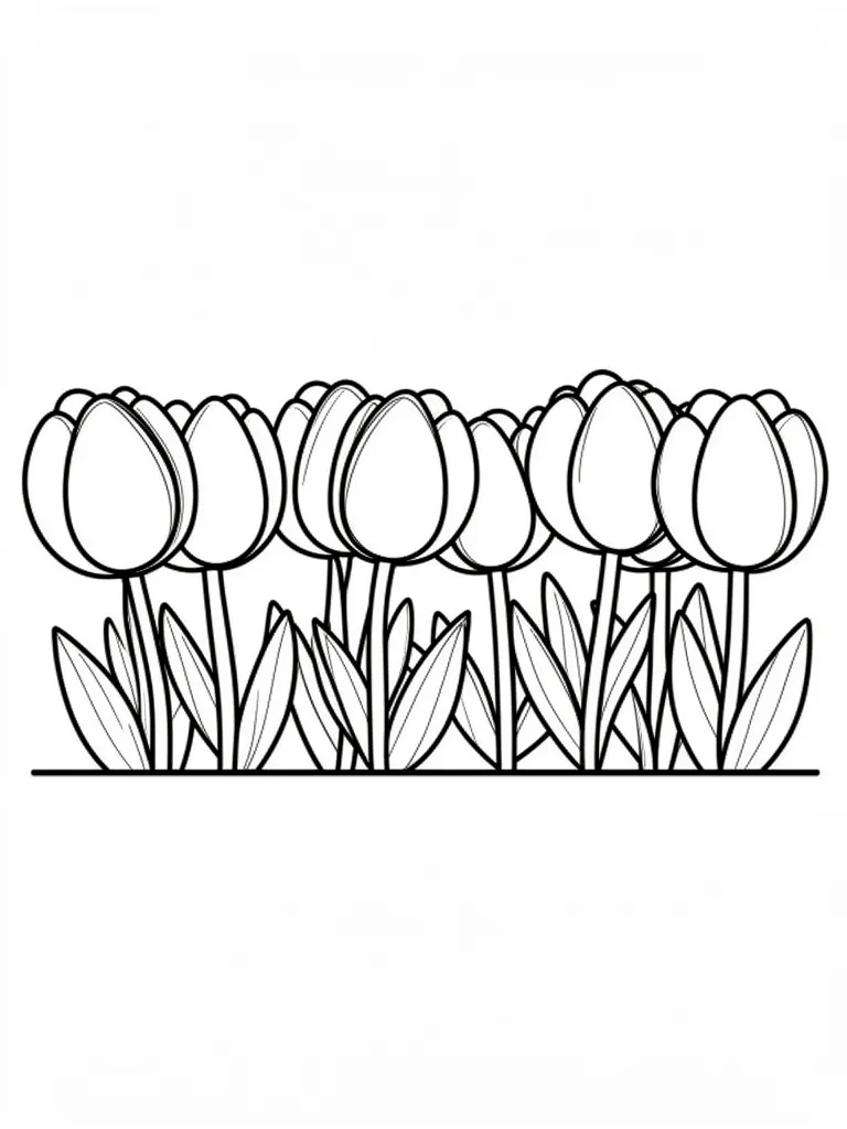 Coloriage Tulipes en rangée kawaii – coloriage à imprimer gratuit