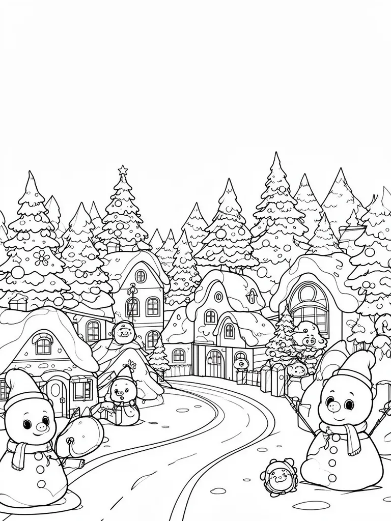 Coloriage Village sous la neige détaillé – coloriage à imprimer gratuit