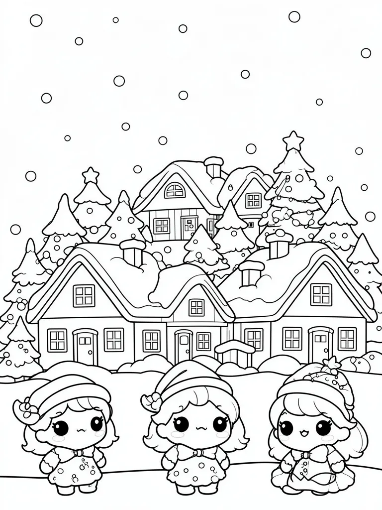 Coloriage Village sous la neige kawaii – coloriage à imprimer gratuit