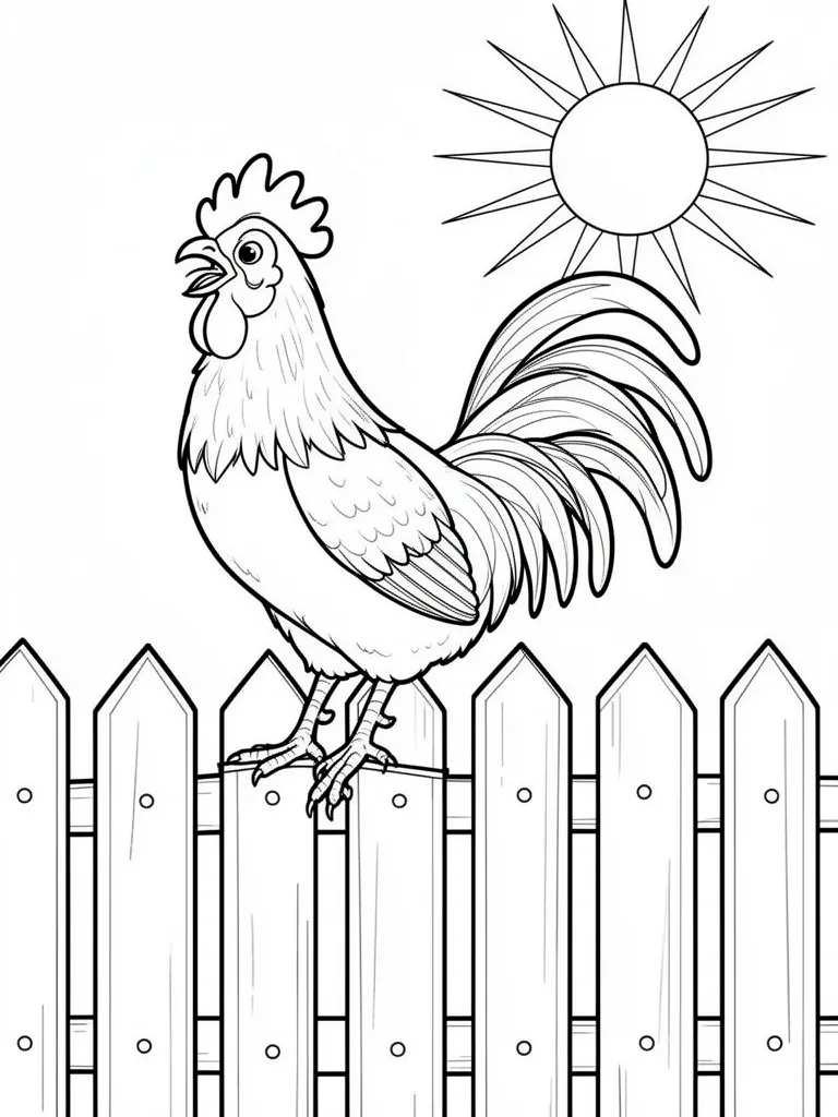 Coloriage Coq chantant au lever du soleil sur la clôture à imprimer