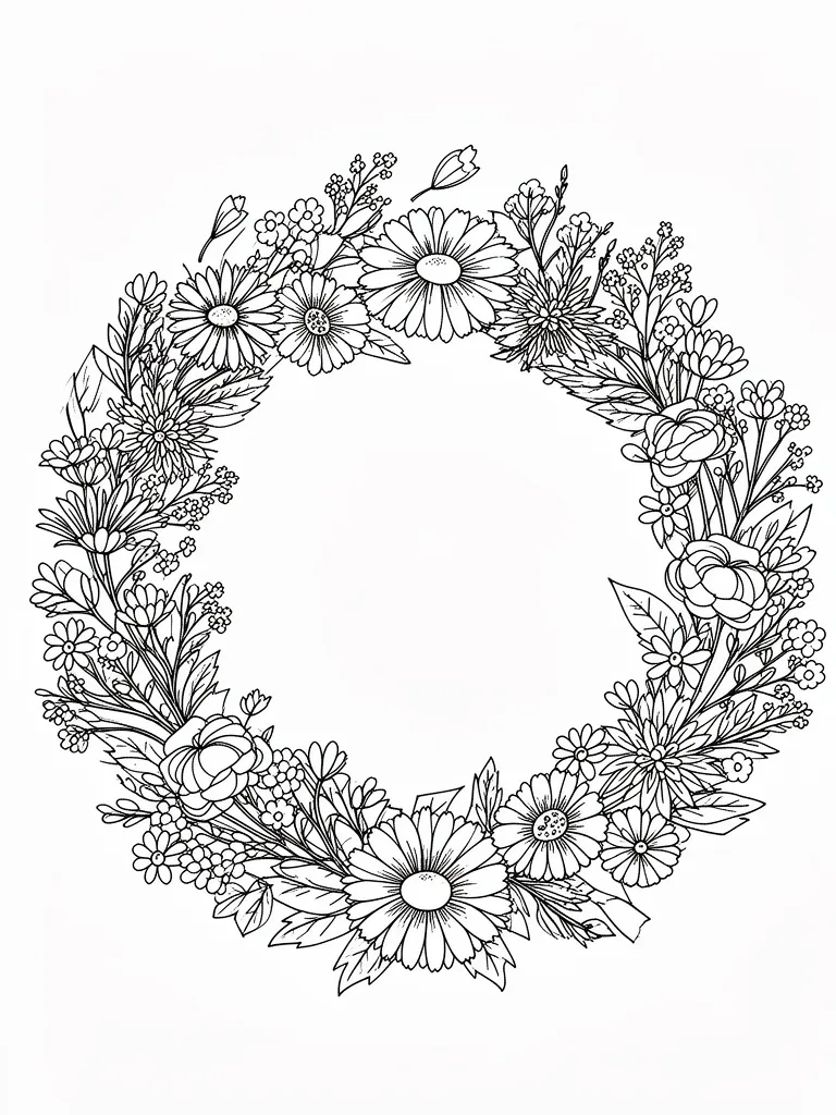 Coloriage Couronne de fleurs champêtres à imprimer