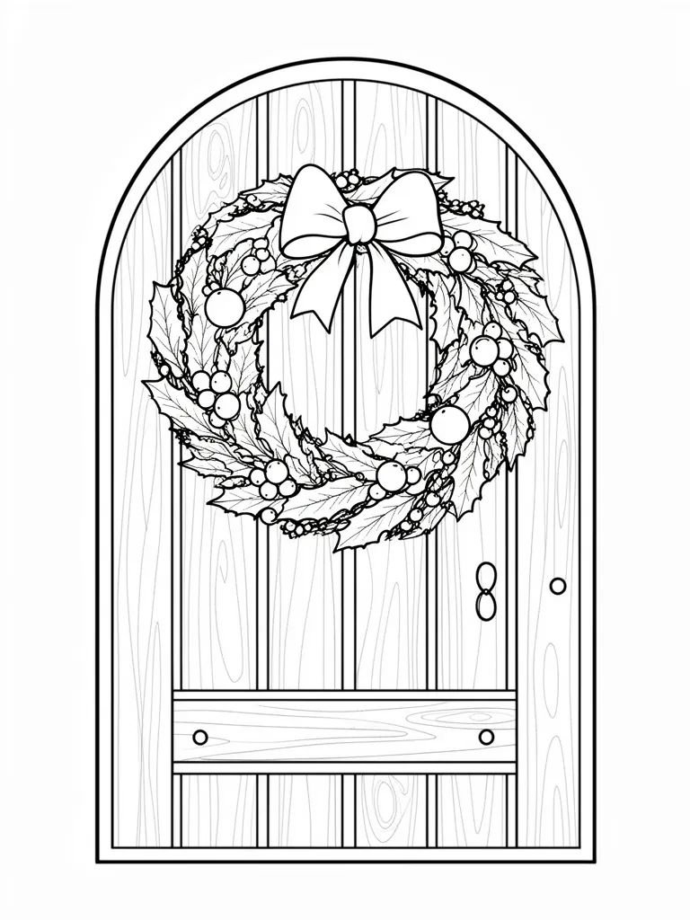 Coloriage Couronne de Noël sur une porte en bois à imprimer
