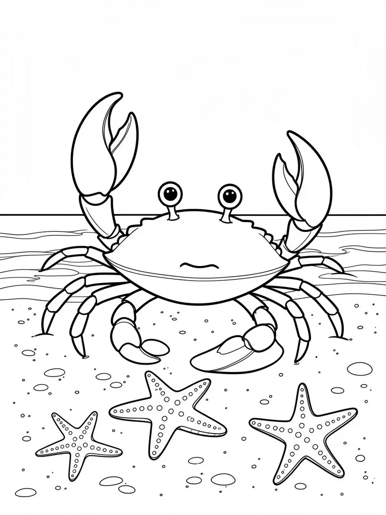 Coloriage Crabe sur la plage avec des étoiles de mer à imprimer