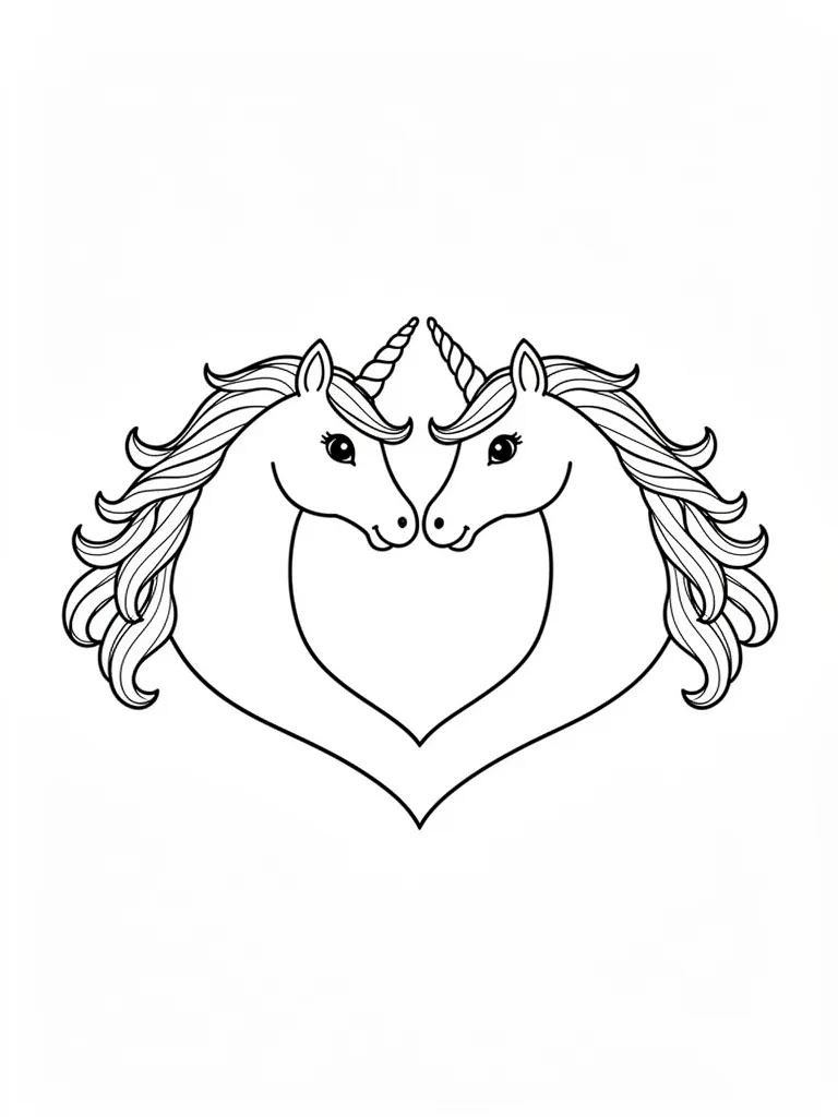 Coloriage Deux licornes face à face formant un coeur à imprimer