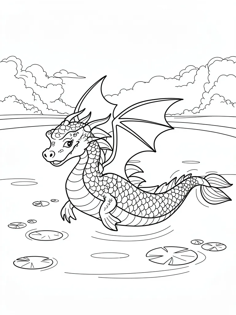 Coloriage Dragon aquatique nageant dans un lac à imprimer