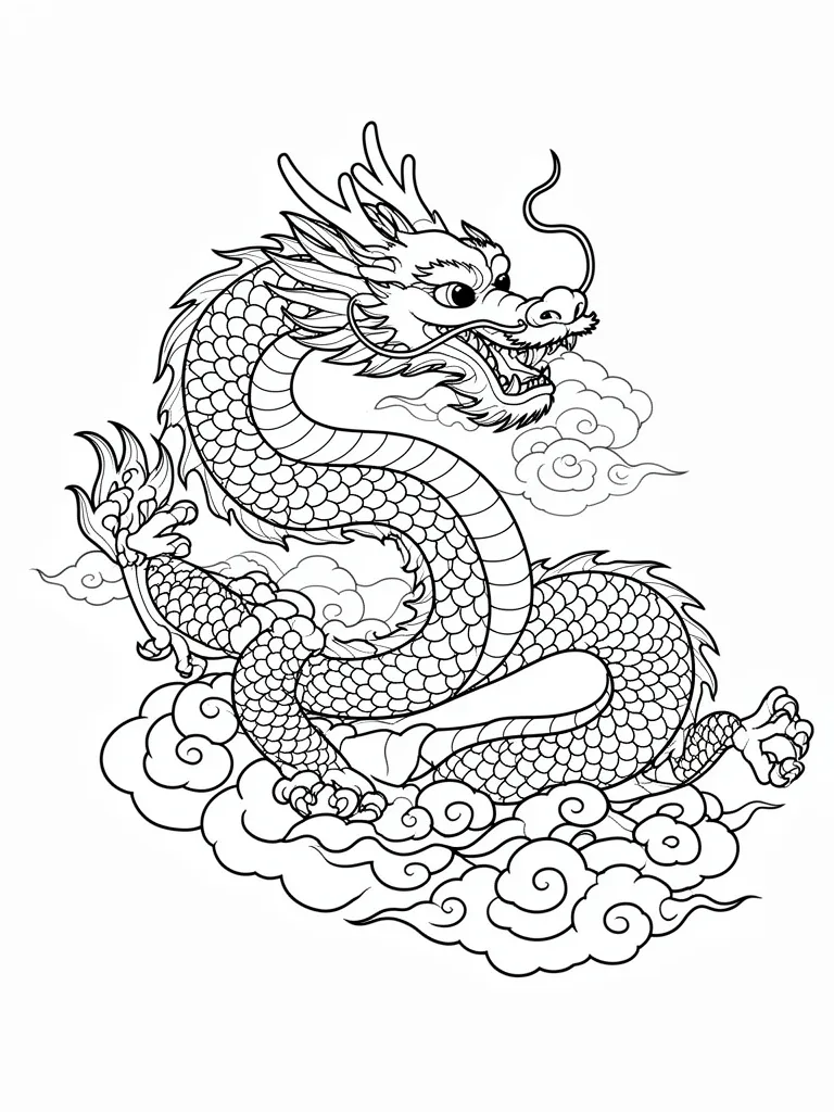 Coloriage Dragon chinois serpentant dans les nuages à imprimer
