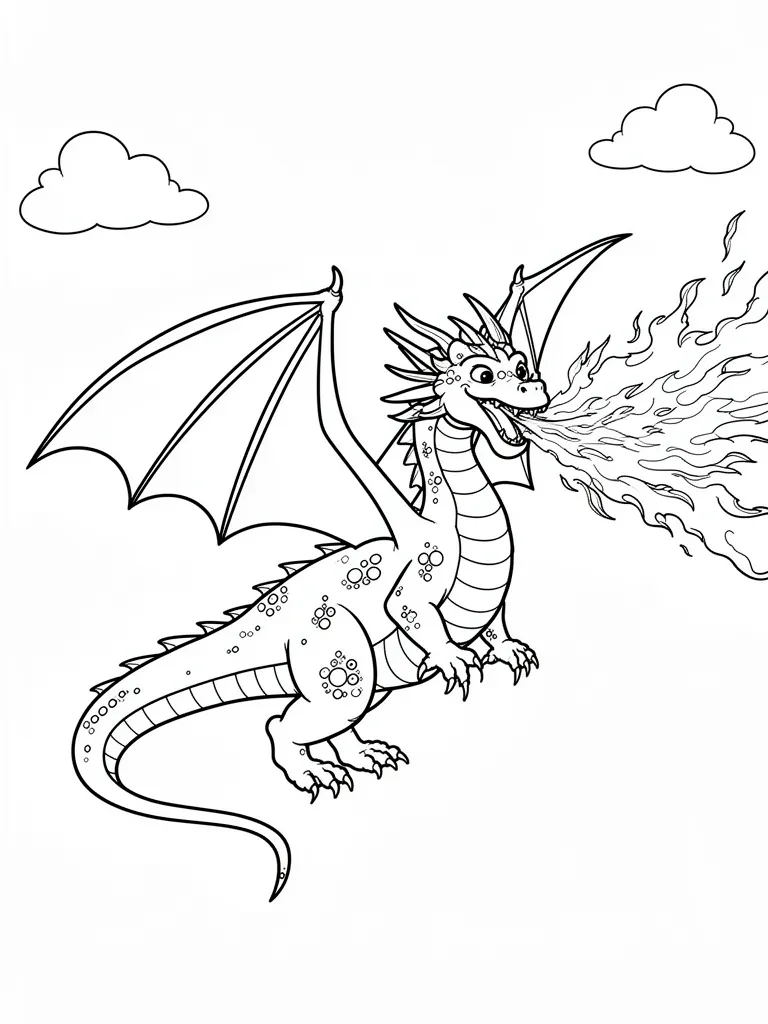 Coloriage Dragon crachant du feu dans le ciel à imprimer