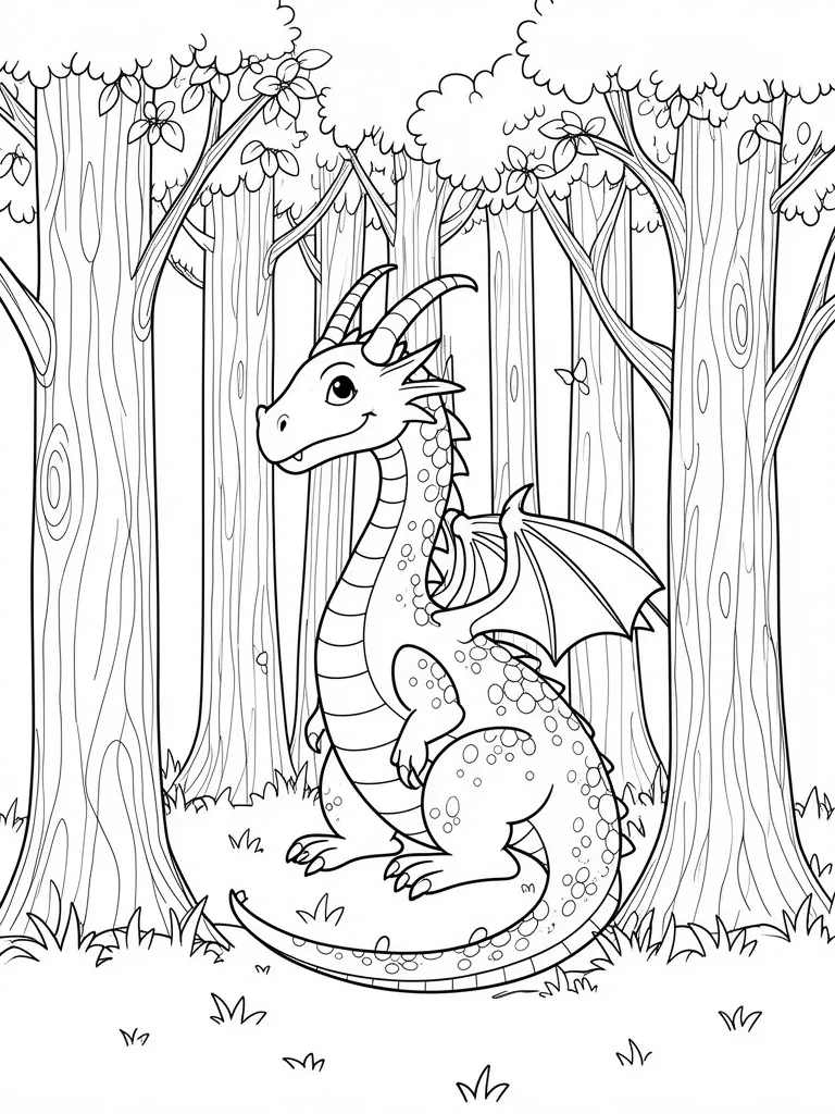 Coloriage Dragon des forêts caché parmi les arbres à imprimer