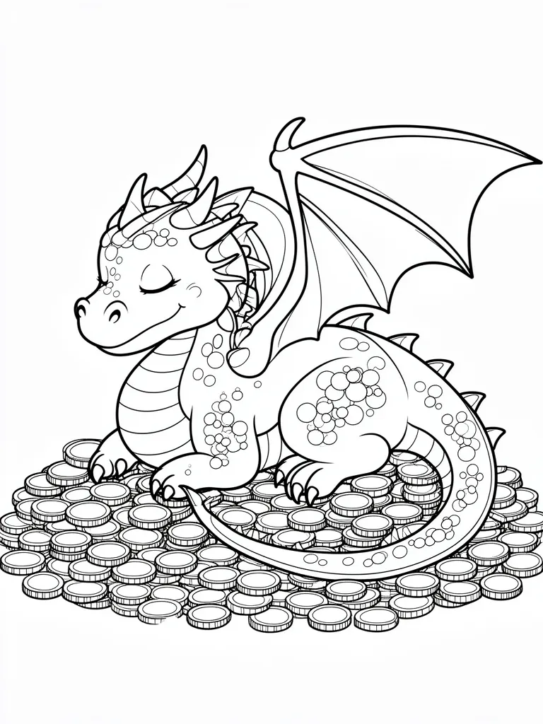 Coloriage Dragon endormi sur un trésor de pièces d or à imprimer